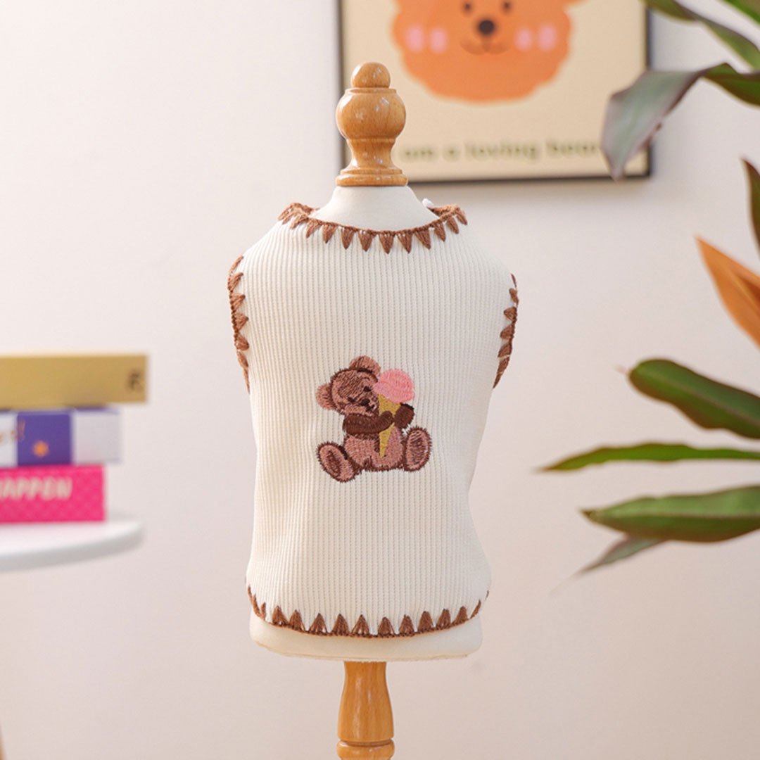 bear-ice-cream-cream-ribbed-dog-top.jpg (6) Bear Ice Cream Ribbed Top – Cream Πλεκτό Μπλουζάκι Σκύλου με Κεντητό Αρκουδάκι & Παγωτό - Image 1