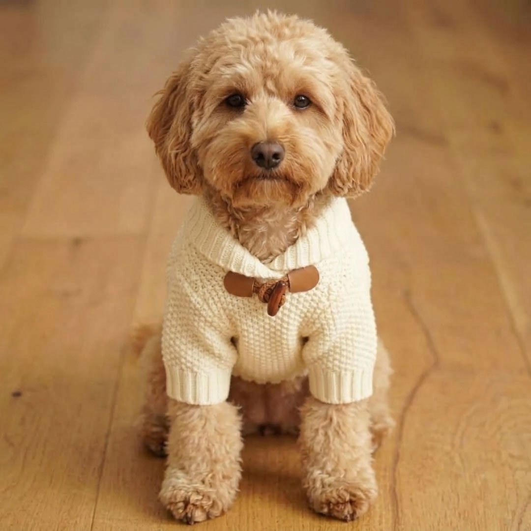 ekrou-plekto-poulover-skylou-duffle (4) Cream Knitted Duffle Dog Pullover – Εκρού Πλεκτό Πουλόβερ Σκύλου με Κουμπιά Duffle - Image 1