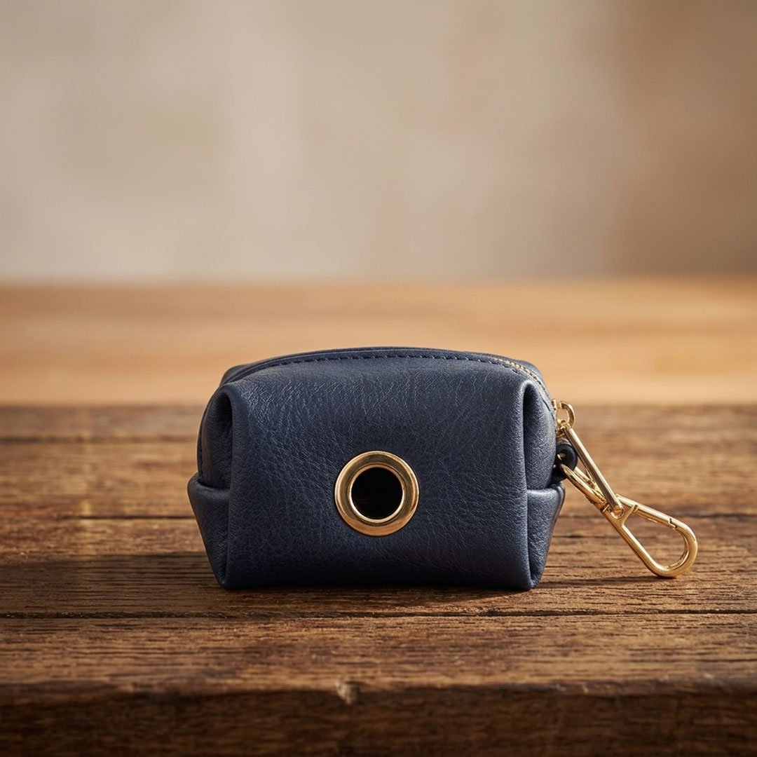 mple-skouri-thiki-sakoules-perittomaton-leather (2) Navy Blue Leather Poop Bag Holder – Μπλε Σκούρη Θήκη για Σακούλες Περιττωμάτων με Χρυσό Γάντζο - Image 1