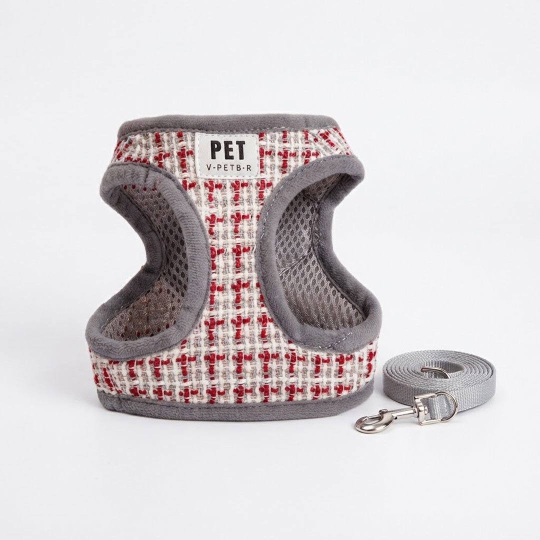 samaraki-skylou-tweed-karo-kokkino-gkri-odigos (2) Ανατομικό Σαμαράκι Σκύλου Tweed Check & Ασορτί Οδηγός – Red / Grey - Image 1