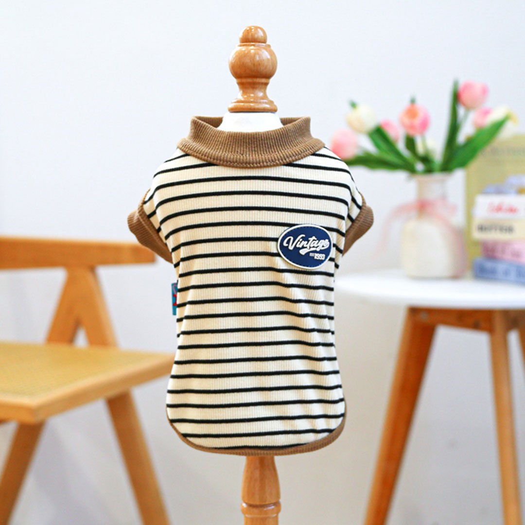 vintage-striped-ribbed-dog-knit-beige-brown.jpg Vintage Striped Ribbed Knit – Ριγέ Πλεκτό Μπλουζάκι Σκύλου (Beige & Brown) - Image 1