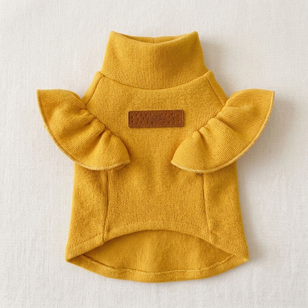 yellow-ruffle-ribbed-dog-top.jpg (3) Yellow Ruffle Ribbed Top – Κίτρινο Πλεκτό Μπλουζάκι Σκύλου με Βολάν & Δερμάτινη Ετικέτα - Image 1